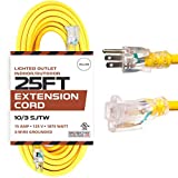 Iron Forge Cable 25 Foot Lighted Outdoor Extension Cord - 10/3 SJTW Yellow 10 Gauge Extension Cable with 3 Prong Grounded Plug for Safety, 15 AMP - Great for Garden and Major Appliances