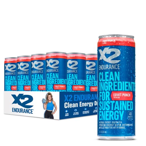 X2 Clean Energy Drink - Sustained Energy for Sport & Fitness Endurance, Low Calorie & Low Sugar (Fruit Punch, Pack of 12)