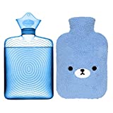 Samply Hot Water Bottle with Cute Fleece Cover, 2L Hot Water Bag for Hot and Cold Compress, Hand Feet Warmer, Neck and Shoulder Pain Relief, Bear Blue