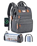 Diaper Bag with Changing Station, Large Travel Diaper Bag Backpack with Sunshade Bassinet and USB Charging Port for Moms Dads, Waterproof Unisex Baby Diaper Bags for Boys Girls, Baby Registry Search