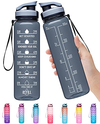 Elvira 32oz Large Water Bottle with Motivational Time Marker & Removable Strainer,Fast Flow BPA Free Non-Toxic for Fitness, Gym and Outdoor Sports-Black-2