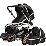 3 in 1 Baby Stroller Portable Baby Standard Pram Travel Baby Carriage Folding Baby Prams Aluminium Frame High Landscape Car for Newborn (Black Gold)