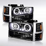 AUTOZENSATION Compatible with 1994-1998 Chevy C10 Pickup Truck Black Housing Clear Lens LED Halo Projector Headlights + Bumper Lights + Corner Lamps L + R Pair Headlamp