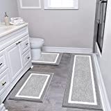 Pauwer Bathroom Rug Set 3 Piece, Non-Slip Absorbent Bath Mats, Microfiber Soft Bathroom Mat, Absorbent Plush Shaggy Bath Mats Carpets Includes U-Shaped Toilet Mat for Bath Floor, Shower, Light Grey