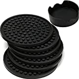 ENKORE Coasters For Drinks - Set of 6 with Holder, Black - Protect Furniture From Water Marks or Damage - Deep Tray and Rim Catch Cold Drink Sweat Without Spill, Large 4.3 Inch Size Fit All Cups