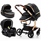 Baby Stroller Set Luxury Stroller 3 in 1 Portable Baby Standard Stroller Baby Prams Aluminium Frame High Landscape Car for Newborn (Black)
