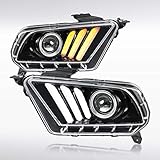 AUTOZENSATION Compatible with 2010-2014 Ford Mustang with halogen version headlights LED Signal & Bar Jet Black Projector Headlights L + R Pair Headlamp