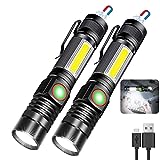 Rechargeable Flashlight, Magnetic Led Flashlight, Super Bright Pocket-Sized Work Flashlights with Clip, Zoomable, Water Resistant, 4 Modes for Camping Hiking 2 Pack