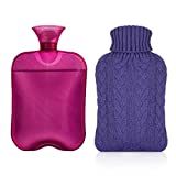 Samply Hot Water Bottle with Knitted Cover, 2L Hot Water Bag for Hot and Cold Compress, Hand Feet Warmer, Ideal for Menstrual Cramps, Neck and Shoulder Pain Relief, Transparent Purple