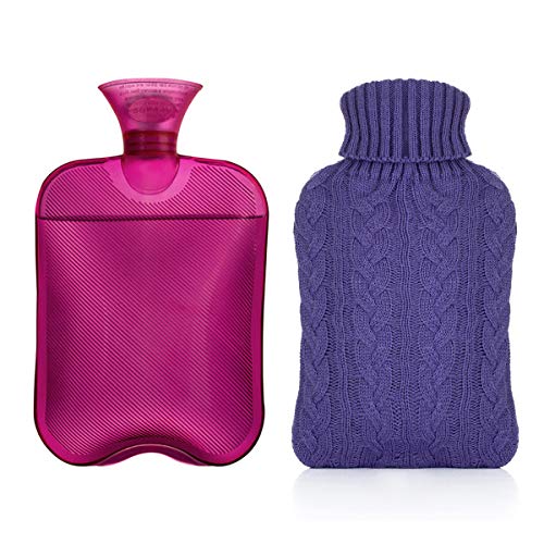 Samply Hot Water Bottle with Knitted Cover, 2L Hot Water Bag for Hot and Cold Compress, Hand Feet Warmer, Ideal for Menstrual Cramps, Neck and Shoulder Pain Relief, Transparent Purple