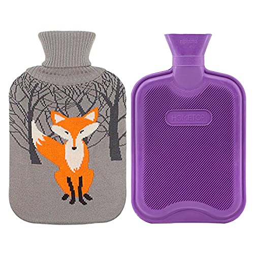 HomeTop Premium Classic Rubber Hot Water Bottle w/Cute Knit Cover (2 Liter, Purple)