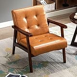 YOUTHUP Mid-Century PU Leather Armchairs, Modern Accent Chairs with Oak Wood Frame, Lounge Reading Bark Chair for Living Room, Bedroom, Office, Caramel