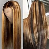 T Part HD Transparent Lace Front Human Hair Wig Straight Highlight Brown Honey Blonde Color Hair Pre Plucked Brazilian Virgin Hair Wigs with Baby Hair 150% Density Bleached Knots 18 Inch