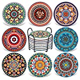 Coasters for Drinks,AODINI Set of 8 Absorbent Stone Coasters for Wooden Table, Mandala Ceramic Coasters with Cork Base, Gift for Housewarming Birthday and Family - Great Home and Dining Room Decor