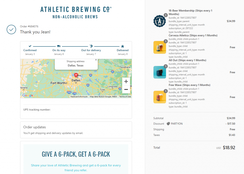 Athletic Brewing Review - Athletic Club Subscription Confirmation