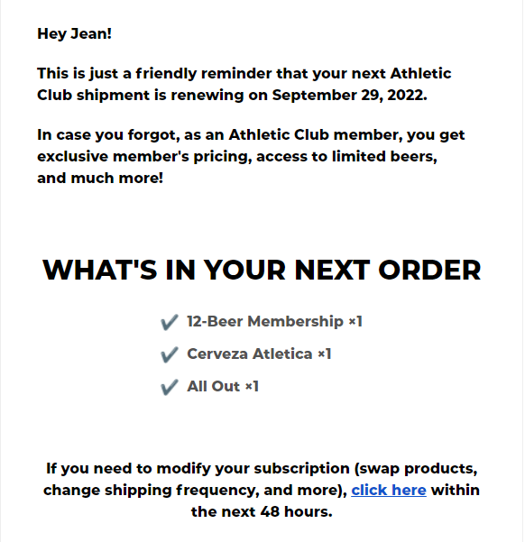 Athletic Brewing Review - Athletic Club Order Notification Email